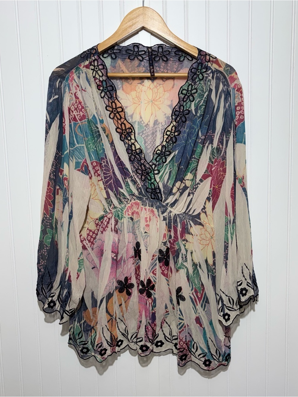 Mushka by Sienna Rose Sheer Floral Boho Empire Waist Blouse Size 3X Peasant Top